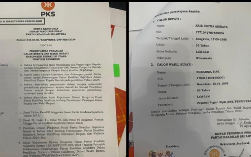PKS Serahkan B1 KWK ke Arie - Sumarno di Pilkada Bengkulu Utara